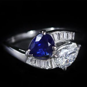 Pear Cut White & Blue Sapphire Twin Stone Engagement Ring