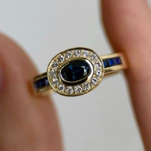 Antique Halo Oval Cut Blue & White Sapphire Engagement Ring 
