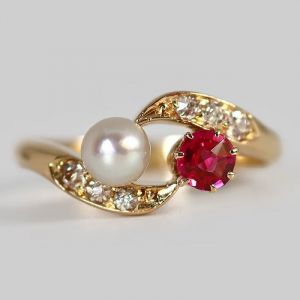 Antique Round Cut Ruby Sapphire & White Pearl Engagement Ring