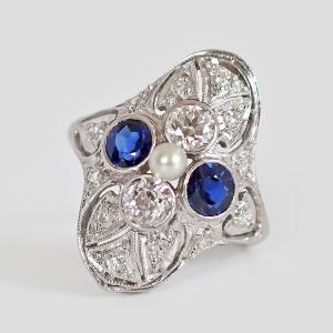 White & Blue Sapphire & Pearl Round Cut Engagement Ring For Women