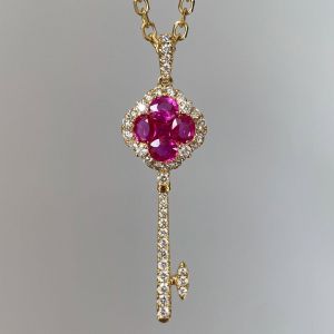 Golden Ruby & White Sapphire Oval & Round Cut Key Design Pendant Necklace