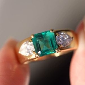 Three Stone Asscher & Pear Cut Emerald & White Sapphire Engagement Ring