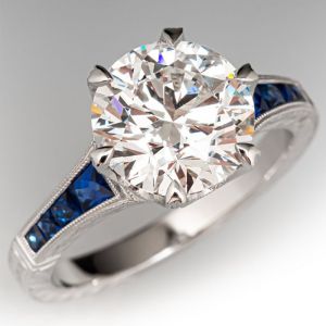 Round Cut White & Blue Sapphire Engagement Ring