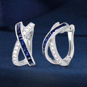 Blue & White Sapphire Princess & Round Cut Cross Hoop Earrings