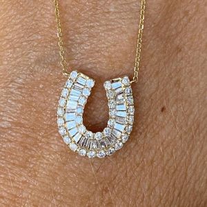 White Sapphire Round & Baguette Cut Horseshoe Pendant Necklace