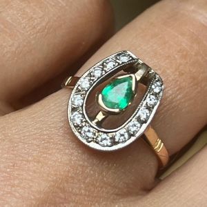 Two Tone Horseshoe Design Emerald & White Sapphire Pear & Round Cut Enagement Ring