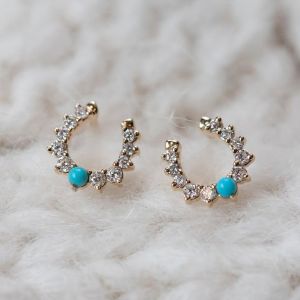 Round Cut White Sapphire & Turquoises Horseshoe Design Stud Earrings