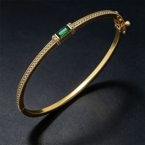 Golden Emerald & White Sapphire Baguette & Round Cut Bangle Bracelet