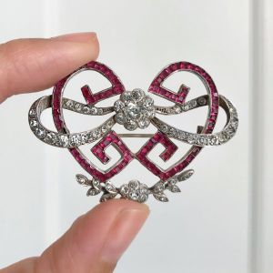 Heart Design Ruby & White Sapphire Round & Baguette Cut Brooch