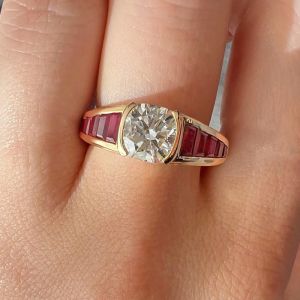 Golden Cushion & Baguette Cut White & Ruby Sapphire Engagement Ring