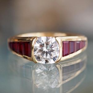 Golden Cushion & Baguette Cut White & Ruby Sapphire Engagement Ring