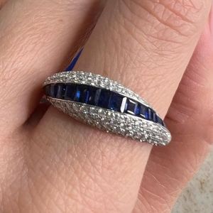 Pave setting Blue & White Sapphire Round & Baguette Cut Wedding Band Ring