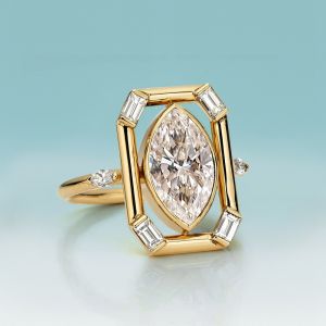 Golden Halo Marquise & Baguette Cut White Sapphire Engagement Ring