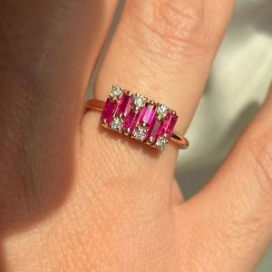 Golden Baguette & Round Cut Ruby & White Sapphire Wedding Band Ring