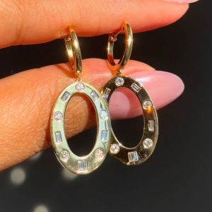 Golden Baguette & Round Cut White Sapphire Drop Circle Earrings