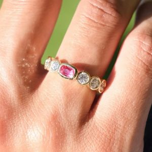 Bezel Pink & White Sapphire Cushion & Round Cut Engagement Ring For Women (0.8 CT. TW.)
