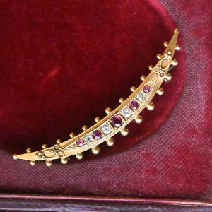 Moon Design Golden Round Cut Ruby & White Sapphire Brooch Pin