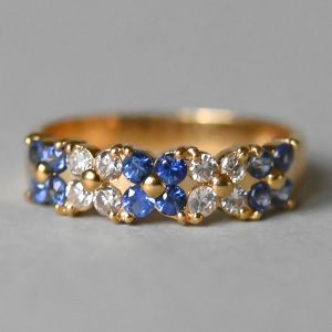 Golden Blue & White Sapphire Round Cut Half Eternity Wedding Band Ring