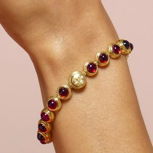 Golden Round Cabochon Cut Garnet Sapphire Moon Chain Tennis Bracelet