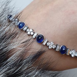 Bezel Blue Sapphire Oval Cabochon Cut Tennis Bracelet For Women