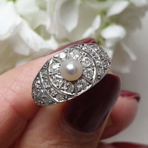 Halo Milgrain White Sapphire & Pearl Engagement Ring 