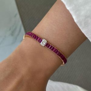 Two Tone White & Ruby Sapphire Radiant & Baguette Cut Tennis Bracelet For Women (15.09 CT. TW.)