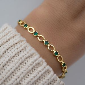 Golden Round Cut Emerald Sapphire Tennis Bracelet For Women