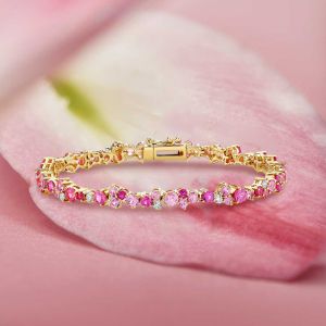 Golden Pink Sapphire Round Cut Tennis Bracelet For Women (5.90 CT. TW.)