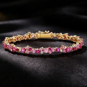 Golden Pink Sapphire Round Cut Tennis Bracelet For Women (5.90 CT. TW.)