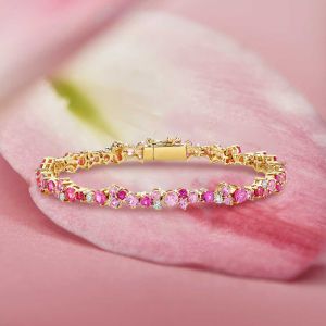 Golden Pink Sapphire Round Cut Tennis Bracelet For Women (5.90 CT. TW.)
