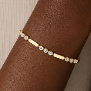 Bezel Golden Round Cut White Sapphire Tennis Bracelet For Women