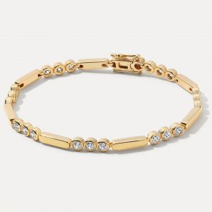 Bezel Golden Round Cut White Sapphire Tennis Bracelet For Women