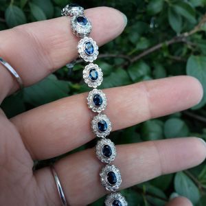 Halo Bezel Oval & Round Cut Blue & White Sapphire Tennis Bracelet