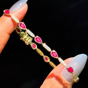 Golden Bezel Pear & Round Cut Ruby & White Sapphire Tennis Bracelet For Women