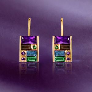 Golden Baguette Cut Purple & Emerald & Blue Sapphire Drop Earrings