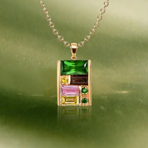 Golden Baguette Cut Emerald & Yellow & Pink & Brown Sapphire Pendant Necklace