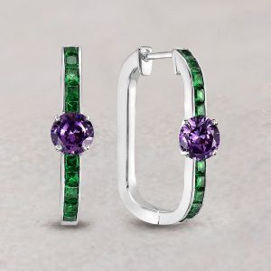 Classic Emerald & Amethyst Sapphire Round & Princess Cut Hoop Earrings