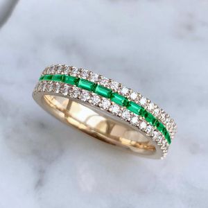 Triple Row Round & Baguette Cut Emerald & White Sapphire Half Eternity Wedding Band