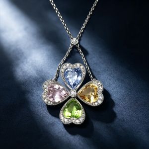 Four Leaf Clover Round & Heart Cut Multi Color Sapphire Pendant Necklace