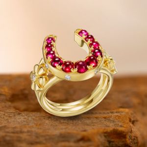Golden Split Shank Ruby Sapphire Round Cabochon Cut Engagement Ring
