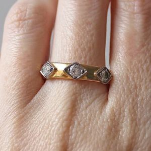 Two Tone Three Stone White Sapphire Round Cut Wedding Band Ring