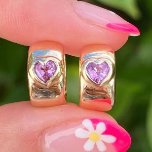 Golden Bezel Solitaire Heart Cut Pink Sapphire Hoop Earring