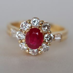Golden Halo Ruby & White Sapphire Oval & Round Cut Engagement Ring 