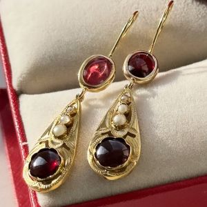 Golden Oval & Round Cabochon Cut Ruby Sapphire & Pearl Drop Earrings