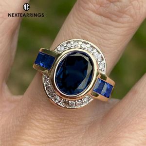 Halo Bezel Setting Oval Cut Blue Sapphire Engagement Ring For Women