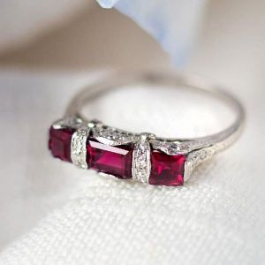 Three Stone Emerald Cut Ruby Sapphire Engagement Ring For Women