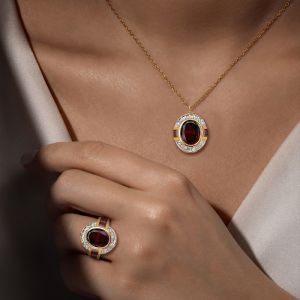 Two Tone Halo Oval Garnet Sapphire Engagement Ring & Pendant Necklace Set