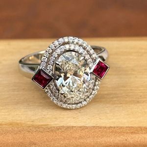Double Halo Oval & Asscher Cut White & Ruby Sapphire Engagement Ring