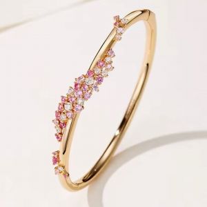 Golden Pink & White Sappihre Round Cut Bangle Bracelet For Women
