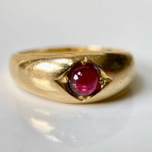 Golden Solitaire Round Cabochon Cut Ruby Sapphire Engagement Ring